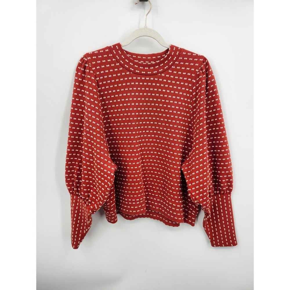 Madewell Puff Sleeve Top Women XL Red Geometric Knit Balloon Sleeve Crewneck